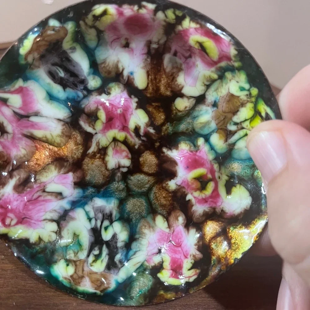 Vtg Enamel on Copper Small Round Trinket Dish Abstract Pink Blue Green 3.75